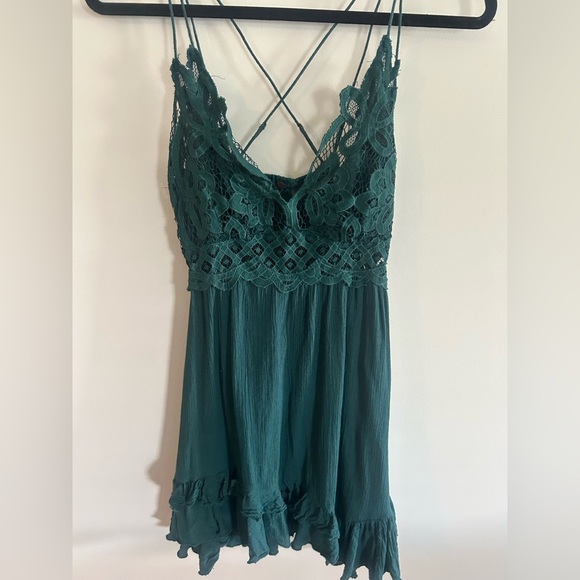 Free People GREEN Adella slip dress - lace, cross back, ruffle - Picture 1 of 5